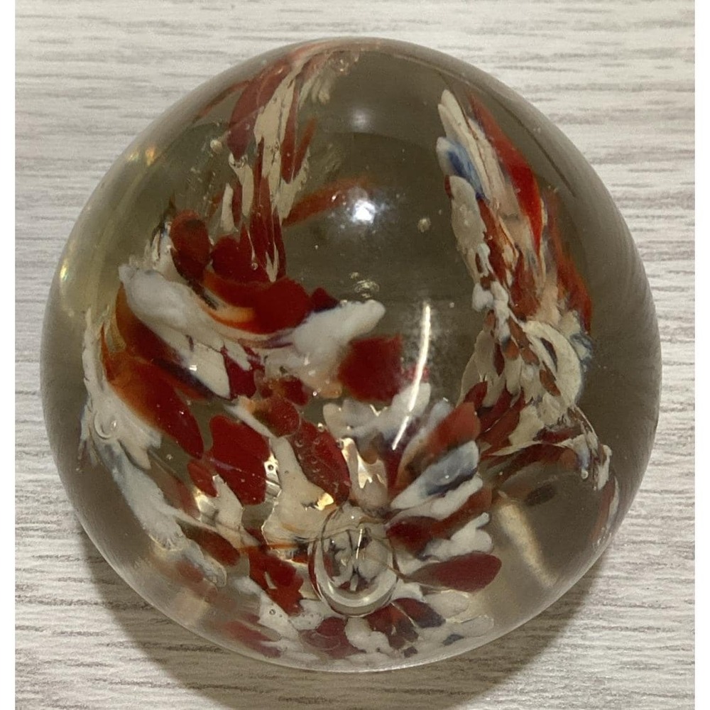 Art Deco Glass Paperweight 2.25x2" India Rust & White Large Flowers *Chip*